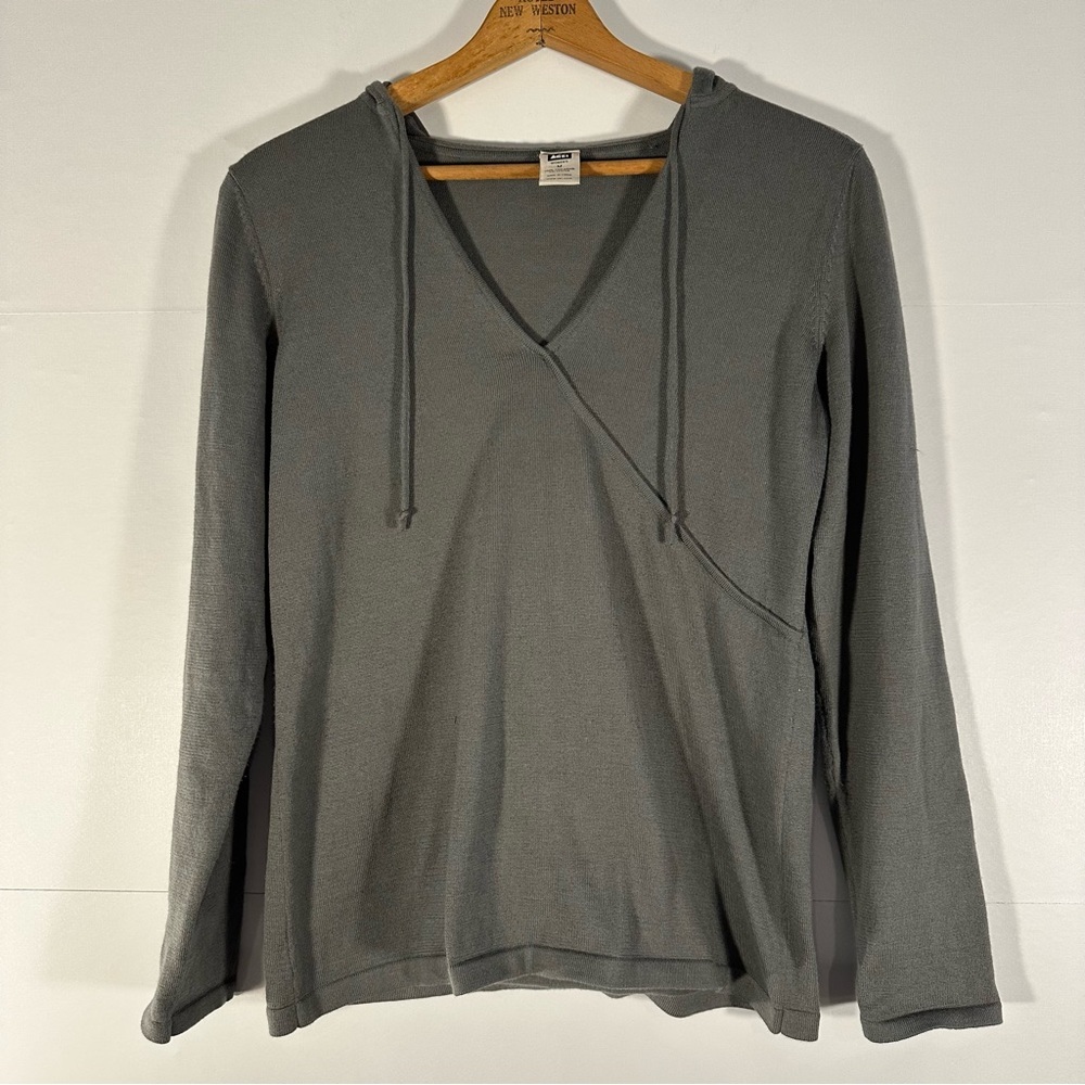 REI Women's Coolmax Gray Faux Wrap Hooded Sweater Top